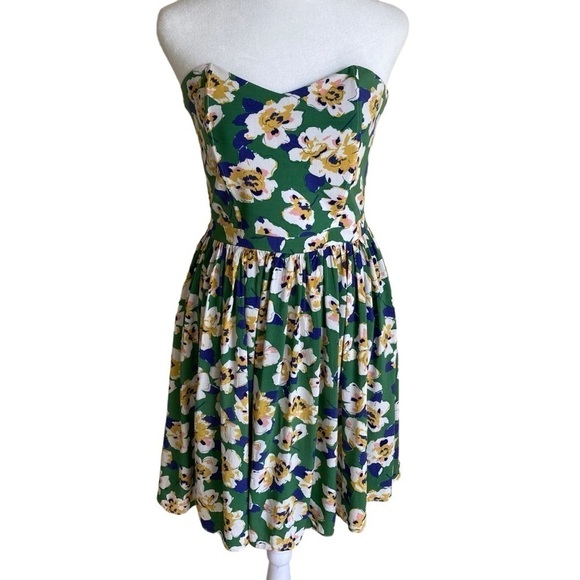 Pim + Larkin Strapless Sweetheart Neckline Green Floral Retro Skater Dress S - Picture 2 of 16